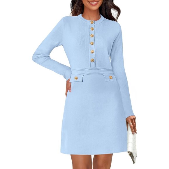 Sweaters - Merokeety Women's Light Blue Long Sleeve Sweater Button Crew Neck Mini Dresses